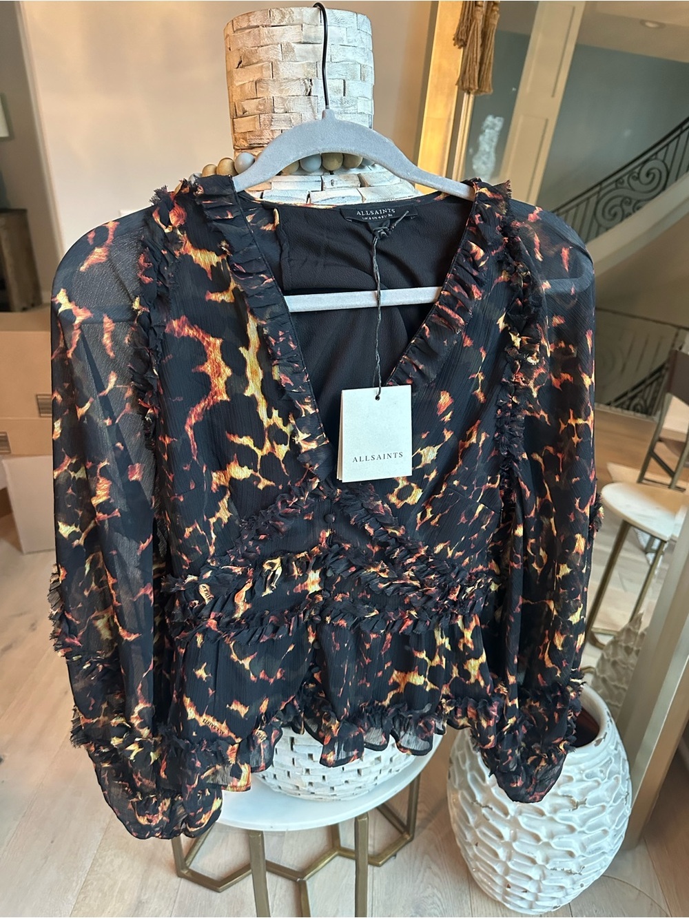 AllSaints Black Sheer V-Neck Ruffle Blouse with Burnt Orange Print